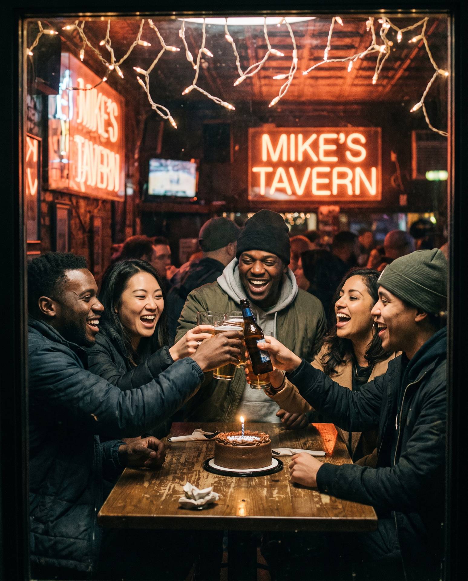 A crew of friends toasting over a birthday cake at a dive bar