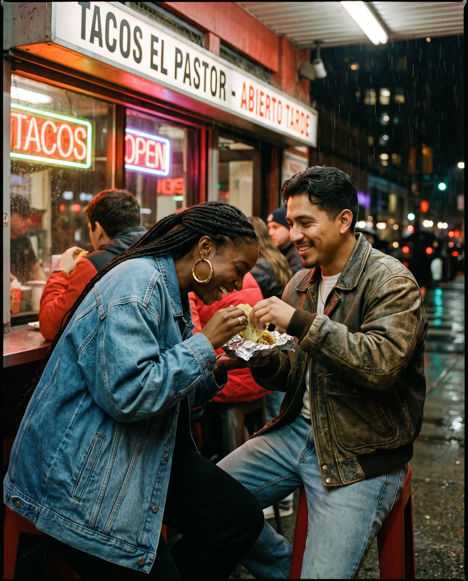 A couple sharing tacos at a neon-lit counter, locked in on each other