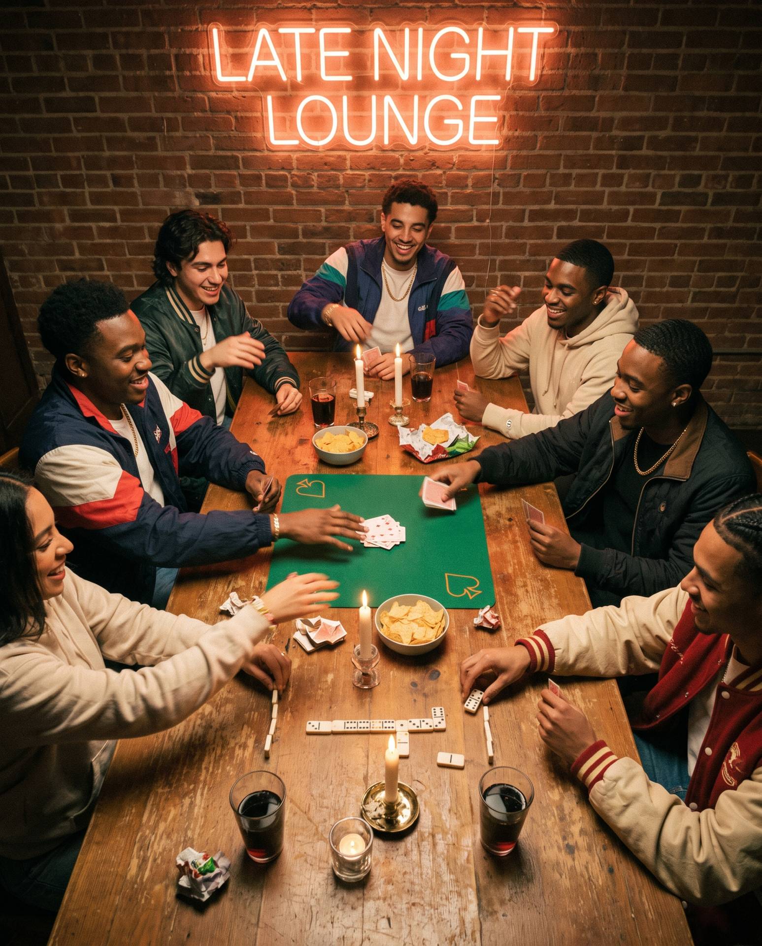 A spades and dominoes table mid-game, everyone locked in