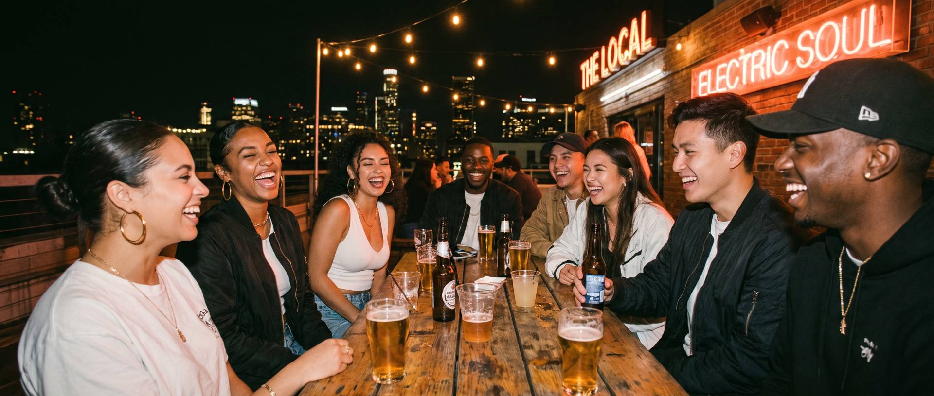Friends laughing on a rooftop under string lights