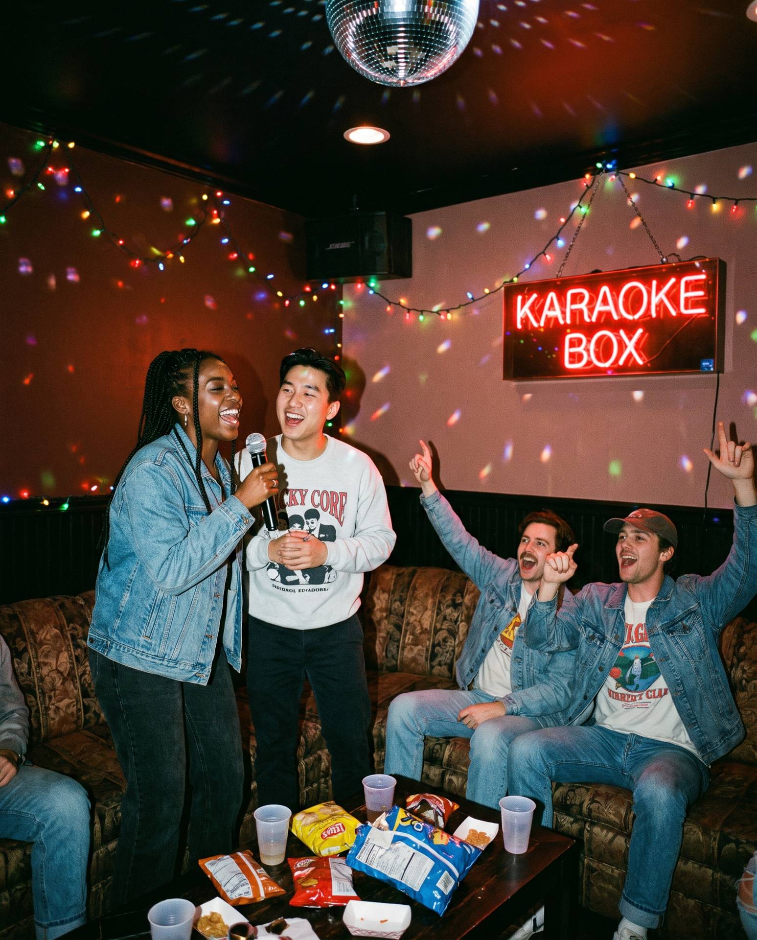 Friends sharing a mic in a karaoke room, losing it