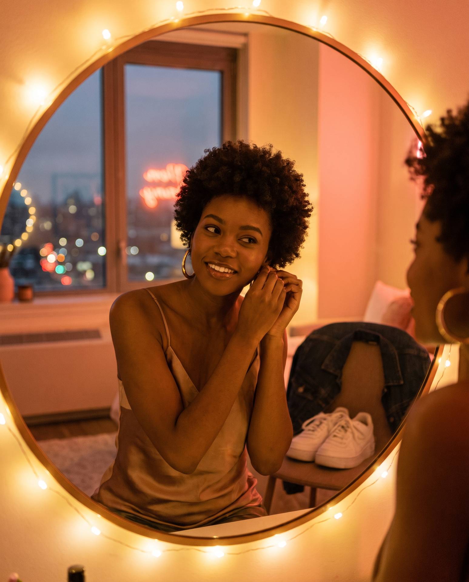 Getting ready for the night — gold hoops, string lights, city out the window
