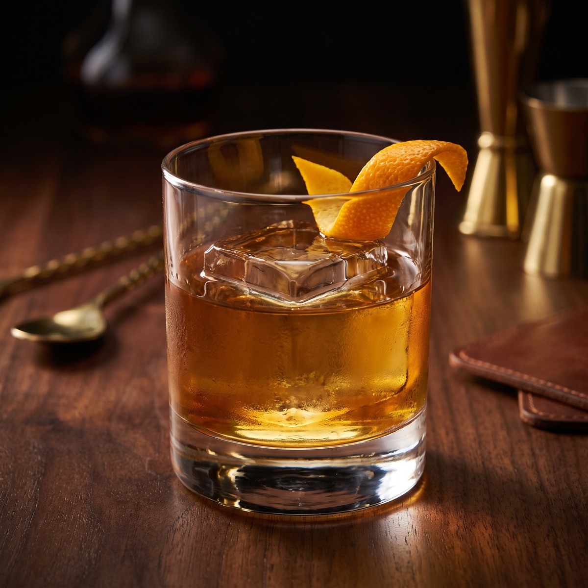 Craft cocktail on dark wood